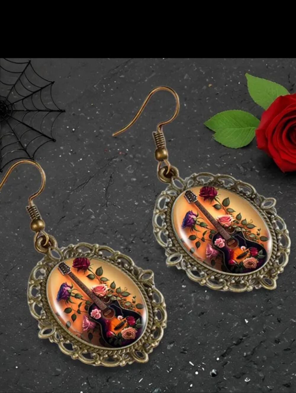 Vintage Floral Guitar Drop Earrings in Antique Gold - Women Jewelry